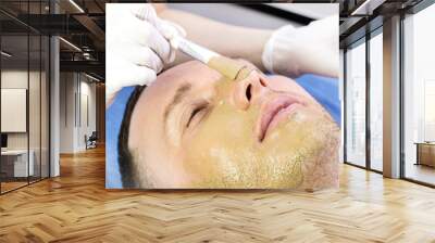 A man does the procedure cleaning his face with a clay mask in the beauty salon  Wall mural