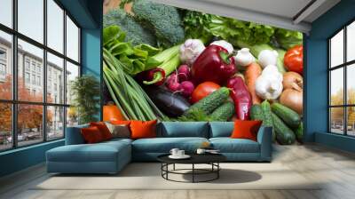 Background of fresh vegetables and greens closeup Wall mural