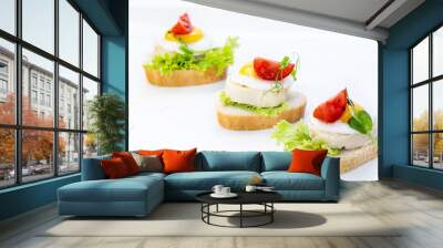 Snacks and canapes on the banquet table, closeup shot on a white background. Wall mural