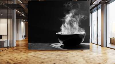 steam of hot soup with smoke wood bowl on dark background.selective focus Wall mural