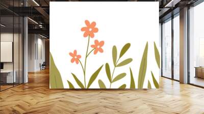 Seamless horizontal border with cute flowers and leaves. Botanical background. Perfect for decorations, greeting cards, banner designs. Vector illustration in hand-drawn flat style. Wall mural