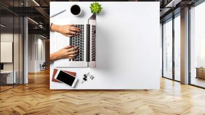 Female hands working on modern laptop. Office desktop on white background Wall mural