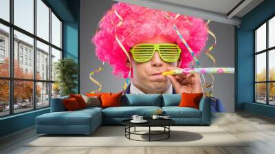 Funny businessman in pink wig Wall mural