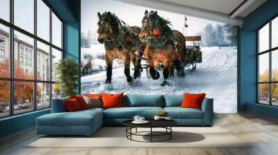 Horse carriage with sled while snowy winter Wall mural