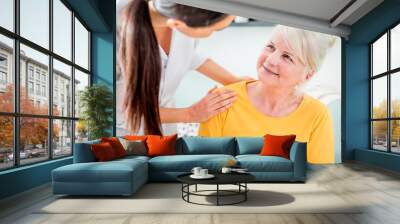 Nurse during home visit talking with senior female and giving treatment advices Wall mural