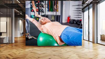 Senior woman with trainer doing rehab using pilates ball in the rehabilitation center Wall mural