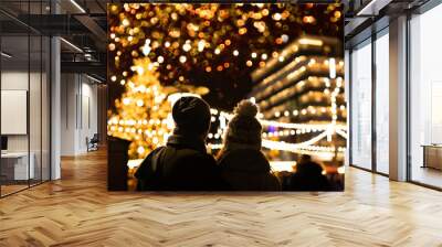 The couple are looking at the decorated Christmas market in the evening Wall mural