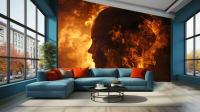 A wild girl made entirely of fire, on a black background, power of girl
 Wall mural