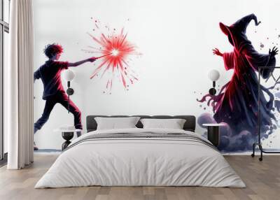 A teenage boy wizard fighting a dark evil wizard, casting a spell with a magic wand. Wall mural