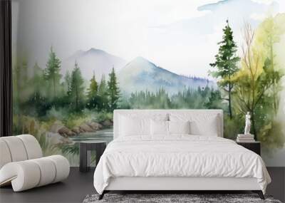 Mountains with river in the forest. Landscape watercolor painting. Scenic mountain landscape. Wall mural