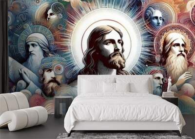 Many jesus christ with different faces art attractive card design illustrator. Wall mural