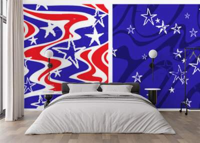 America glitch stars and abstract ripple stripes seamless pattern set with modern design. Vector background in red, blue and white colors with liquid effect. Wall mural