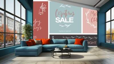 Christmas banner and card set with copy space, Whimsical holiday clipart images and text for winter sale shop decorations in soft classy colors. Wall mural