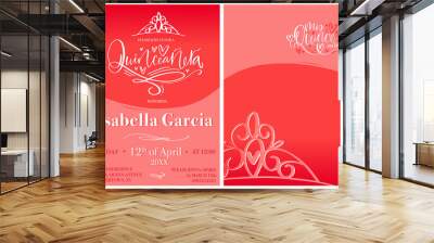 Quinceañera invitation template for 15th Birthday celebration in red, pink and white colors with My fifteen years sign in Spanish. Beautiful modern calligraphy event announcement design. Wall mural