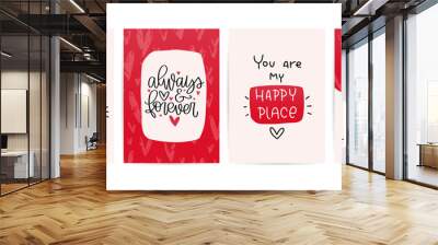 Valentines day pink , gold and dark red greeting card set with modern calligraphy love messages. Vertical, horizontal and square card designs with large hearts and abstract shapes background. Wall mural