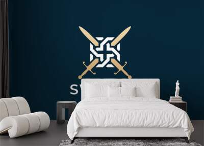 Crossed swords logo icon. Sword crests. Vector heraldry design. Wall mural