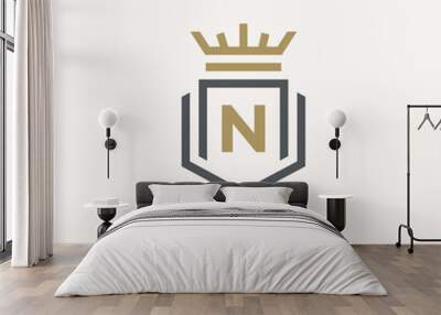 heraldic letter n monogram. elegant minimal logo design. letter n + crown + book + shield. Wall mural