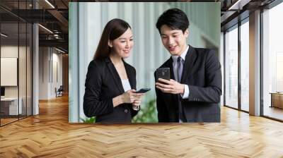 Business partner discuss about the detail on smartphone Wall mural