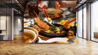 Family dinner together in restaurant Wall mural