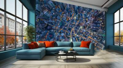 Top down view of Hong Kong city at night Wall mural