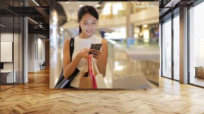 Woman looking at mobile phone and holding shopping bags in shopping center Wall mural