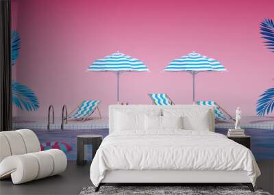 3d lounge sunbed idea Swimming Pool party Mood Holidays background composition Creative design backdrop Pink Background Tropical flowers and Blue umbrellas Wall mural