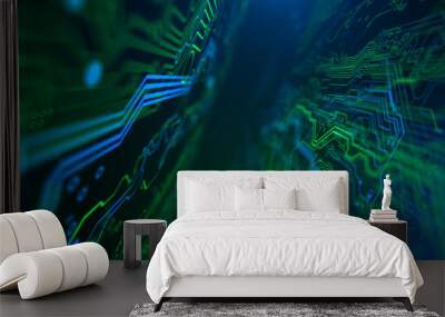 Abstract Technology background Circuit board futuristic server code processing PCB, Code, HTML Blue, green background with digital integrated network technology Printed circuit board Wall mural