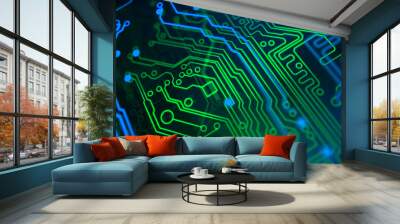 Blue, green neon background with digital integrated network technology. Printed circuit board. Technology background. 3D illustration. Circuit board futuristic server code processing. PCB, Code, HTML. Wall mural