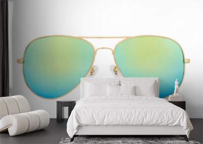 Gold sunglasses with Green Chameleon Mirror Lens isolated on white background Wall mural