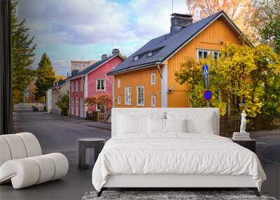 The old wooden district Toukola of Helsinki, Finland. Autumn cityscape. Wall mural