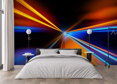 Motion speed lights. Speed motion on the neon glowing road at dark. Speed motion on the road. Colored light streaks acceleration. Abstract illustration. Orange and Blue motion streaks. Space gates. Wall mural