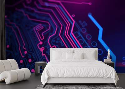 Purple, violet, blue neon background with digital integrated network technology. Printed circuit board. 3D illustration. Circuit board futuristic server code processing. PCB, Code, HTML. Wall mural