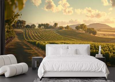 a photo of a warm sunset on the background of a vineyard, mountains, watercolor style Wall mural