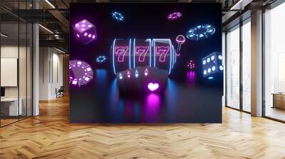 Casino Gambling Concept With Futuristic Purple And Blue Neon Lights - 3D Illustration Wall mural