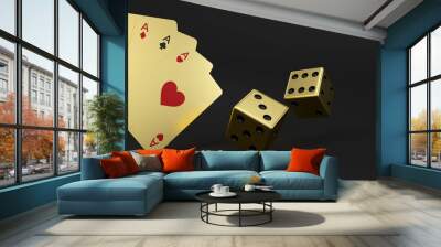 Golden Four Aces And Dices Isolated On The Black Background - 3D Illustration Wall mural