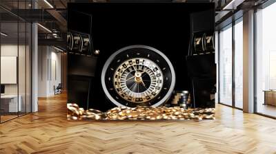 Roulette Wheel, Slot Machine, Four Aces, Casino Chips, Dice And Coins, Modern Black Carbon And Golden Isolated On The Black Background. Closeup - 3D Illustration	 Wall mural