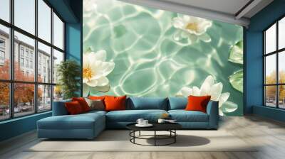 white water lily on the surface of the water on a light green background Wall mural