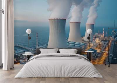 Glowing Nuclear Power Plant at Night Illuminated Efficient Atomic Energy Production Wall mural