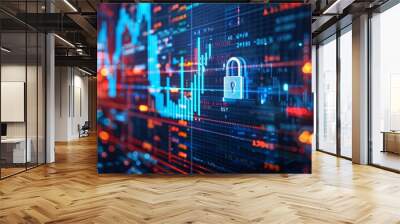 Secure Financial Market Graph with Padlock Icon Safeguarding Investments in Trading Wall mural