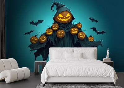 Cartoon Grim Reaper with Pumpkins and Bats Artwork Wall mural