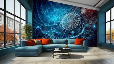 A spider web themed abstract wallpaper with a predominant blue color. Wall mural