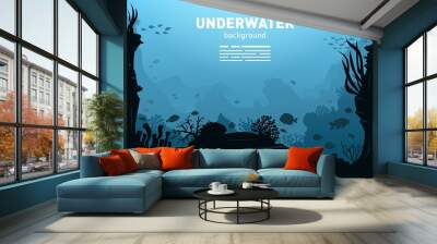 Underwater Background with Fishes, Sea plants and Coral Reefs Wall mural