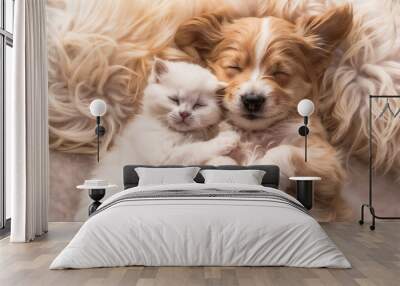 pure harmony: a tender moment between friends, dog and white cat, sleeping together. Wall mural