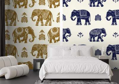 Boho Indian elephant vintage animal cute seamless pattern vector illustration set of 2  Wall mural