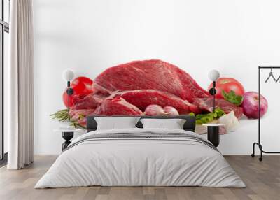 beef with vegetables on cuted board  isolated on white backgound Wall mural