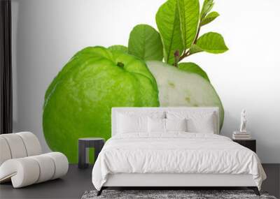 two guavas with branch leaves isolated on white Wall mural