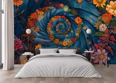 The interior of a multicolored spiral plant, in the colors of autumn, with flowers in shades of blue, orange and purple Wall mural