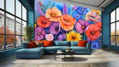 watercolor pattern of colorful summer flowers, impressionism hand painted painting Wall mural