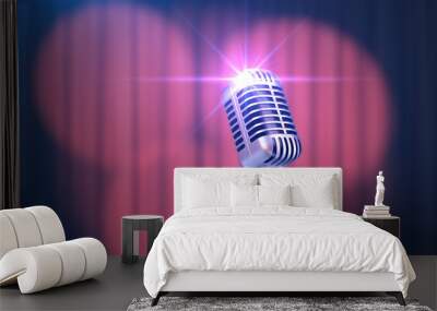 Beautiful Red Curtain with Spotlights and Vintage Microphone, 3d Render Wall mural