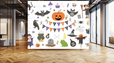 Big set of vector Halloween elements. Traditional Samhain party clipart. Scary collection with jack-o-lantern, spider, ghost, skull, bats, witch, vampire. Autumn holiday flat style design pack. Wall mural